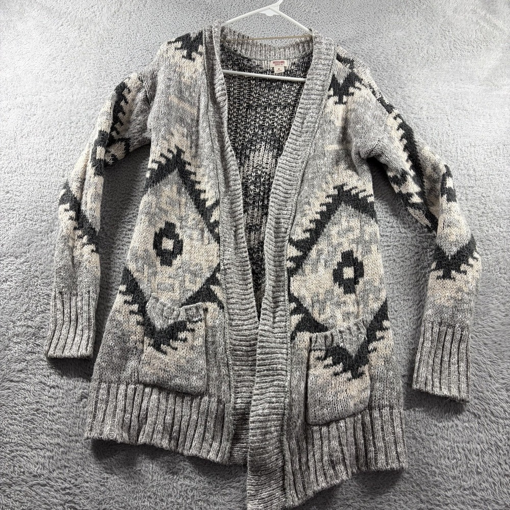 Aztec Pattern Knit Open‎ Cardigan Sweater Womens Medium Small Argyle Gray Black